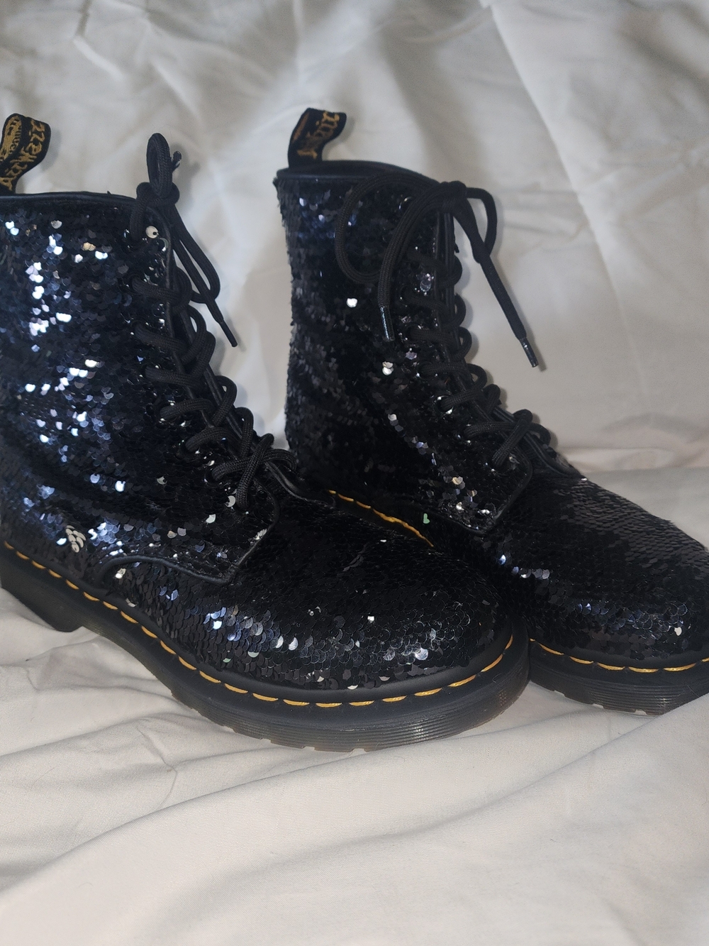 Dr. Martens Black Sequin Lace-Up Boots with Yellow Stitching